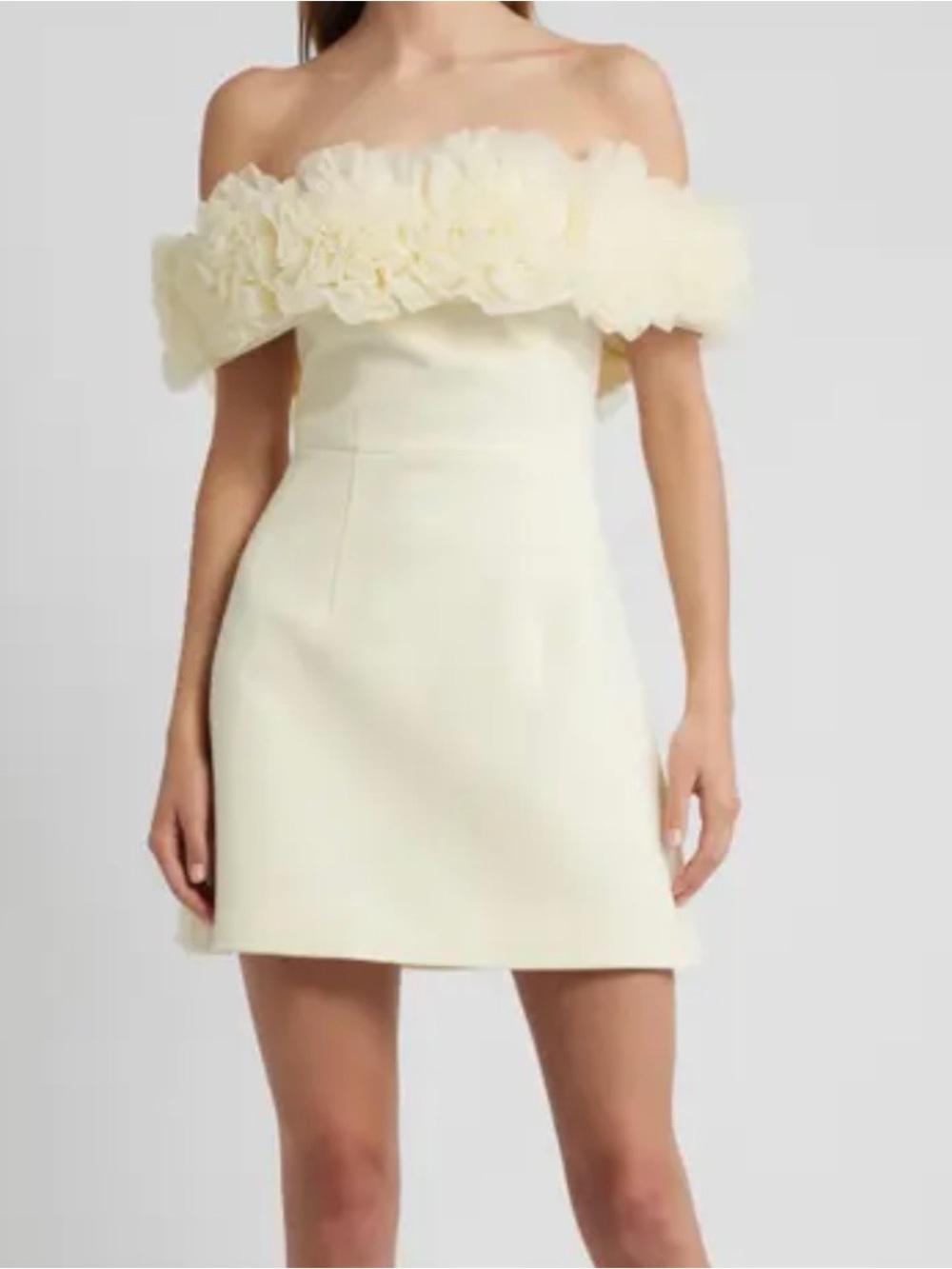 Off-Shoulder Cream Mini Dress with Floral Ruffle Trim